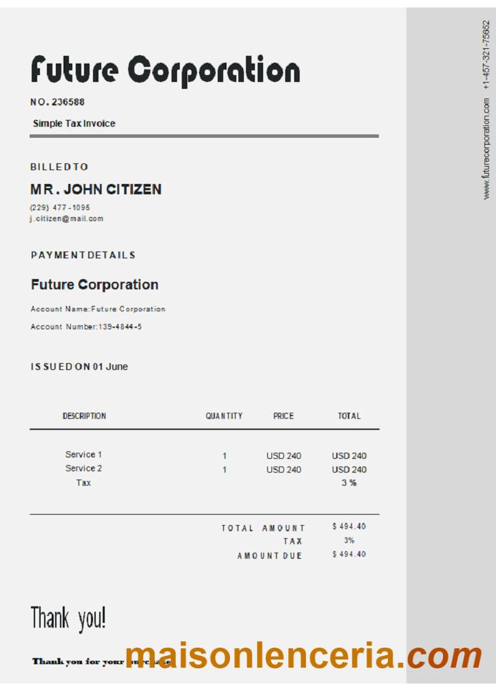 USA Future Corporation faktura słowo i PDF szablon